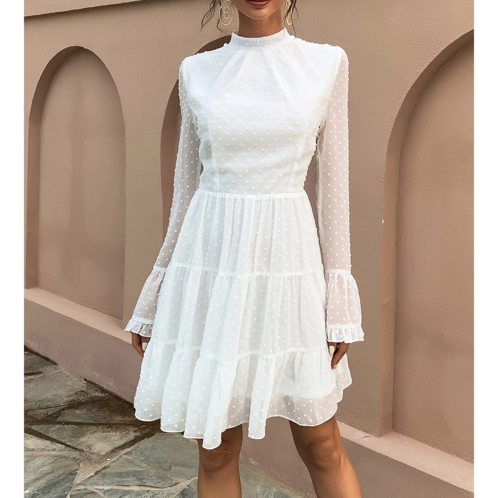 White Swiss Dot Ruffle Hem Fit & Flare Party Dress - Picture 4 of 8